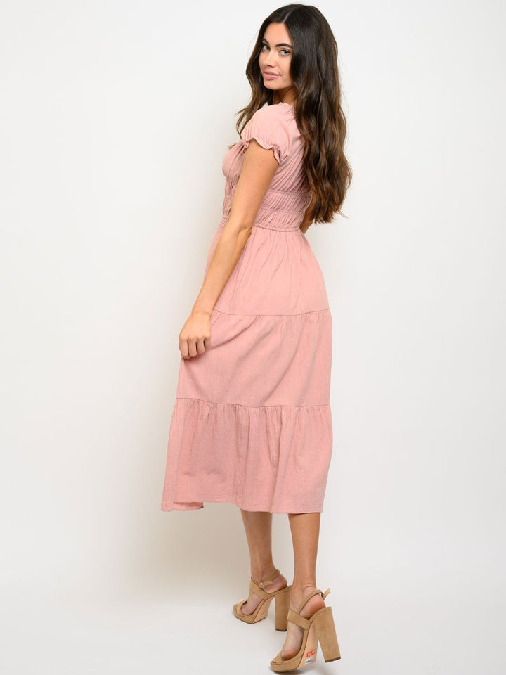 WOMEN'S SMOCKED RUFFLES MIDI DRESS