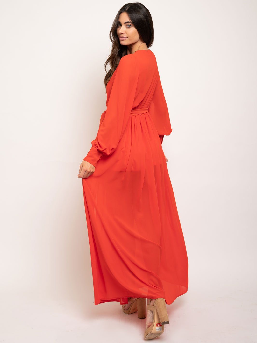 WOMEN'S LONG SLEEVE SELF TIE MAXI DRESS