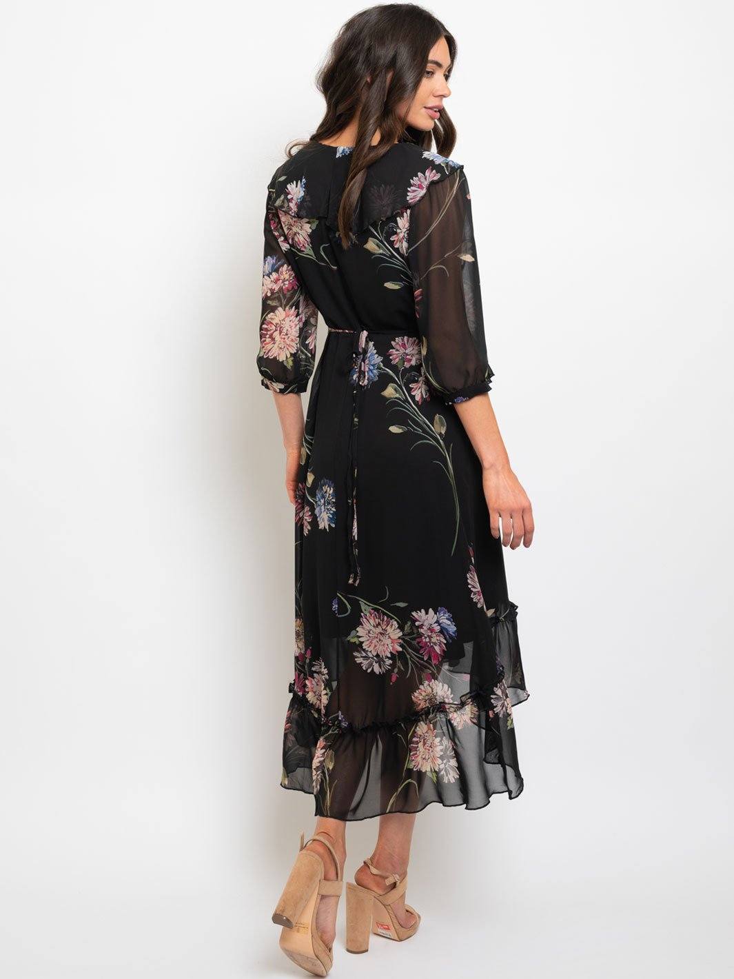 WOMEN'S FLORAL RUFFLE TRIM MAXI DRESS