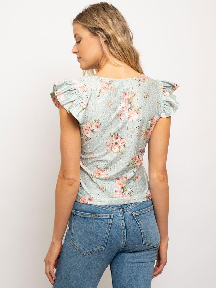 WOMEN'S RUFFLE SLEEVE EYELET TOP