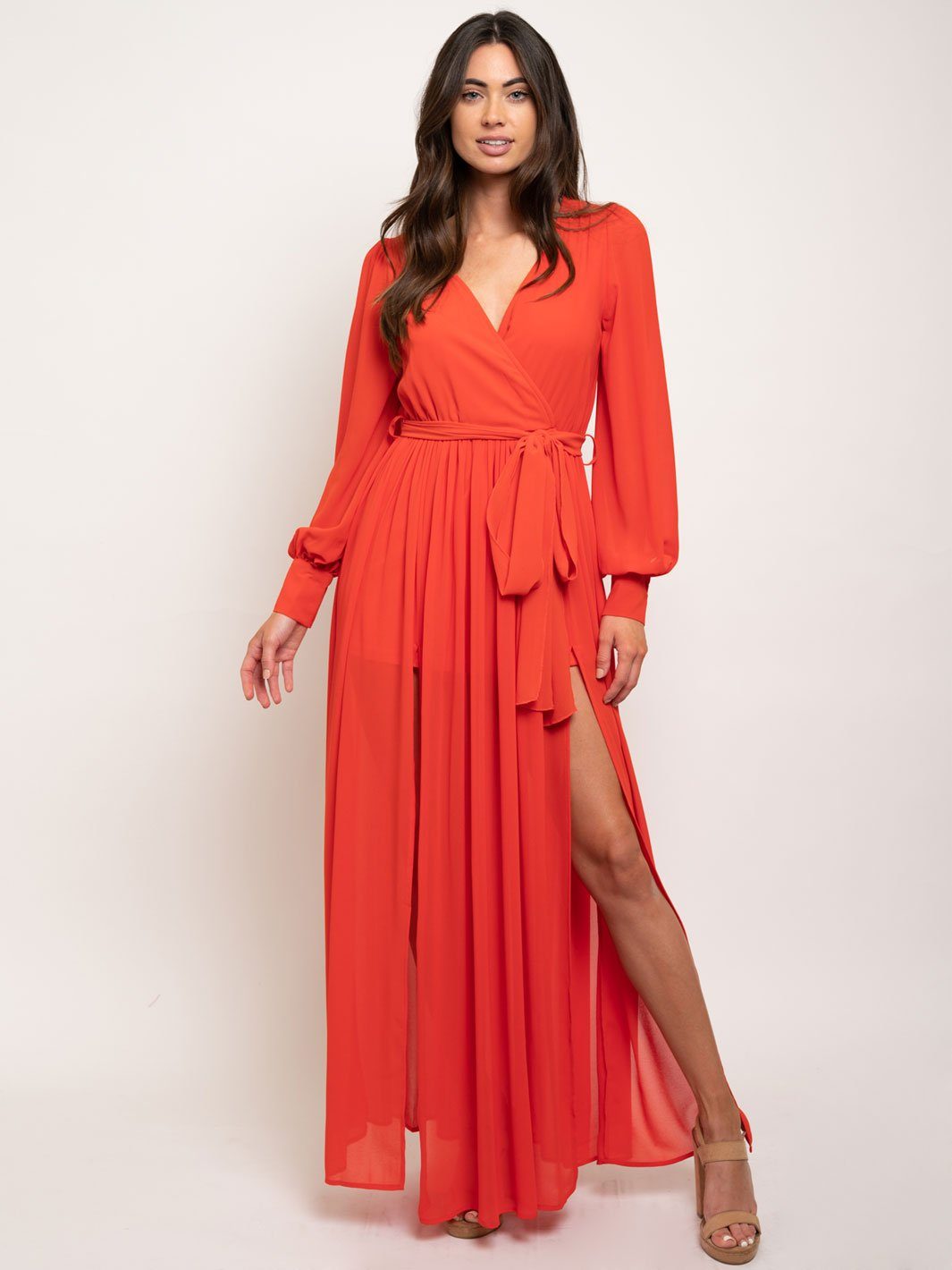 WOMEN'S LONG SLEEVE SELF TIE MAXI DRESS