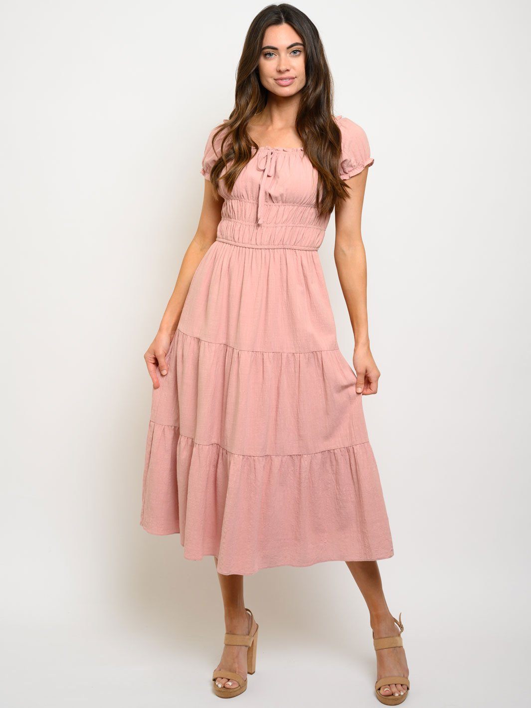 WOMEN'S SMOCKED RUFFLES MIDI DRESS