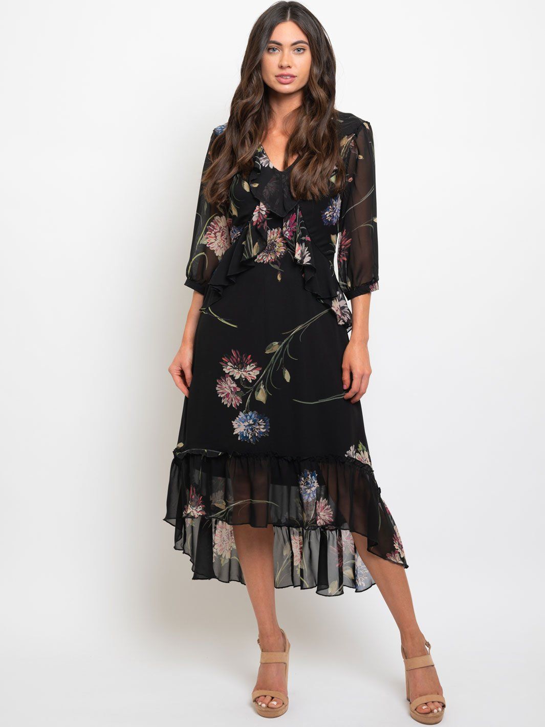 WOMEN'S FLORAL RUFFLE TRIM MAXI DRESS