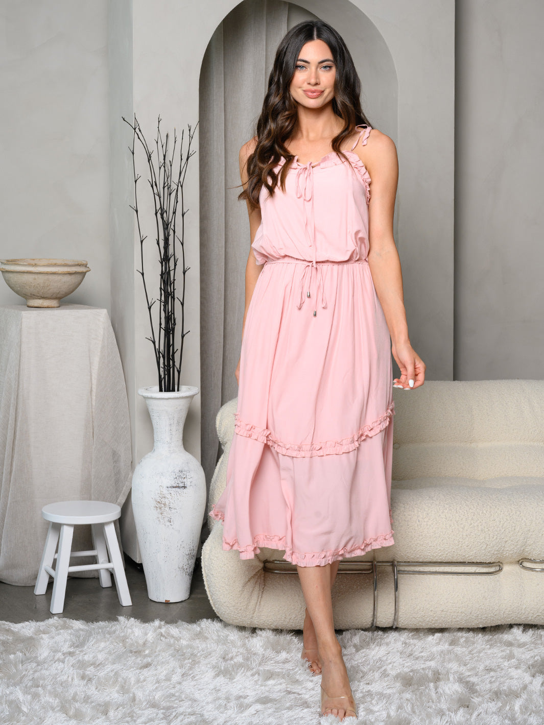 WOMEN'S SLEEVELESS RUFFLE TIERED MIDI DRESS