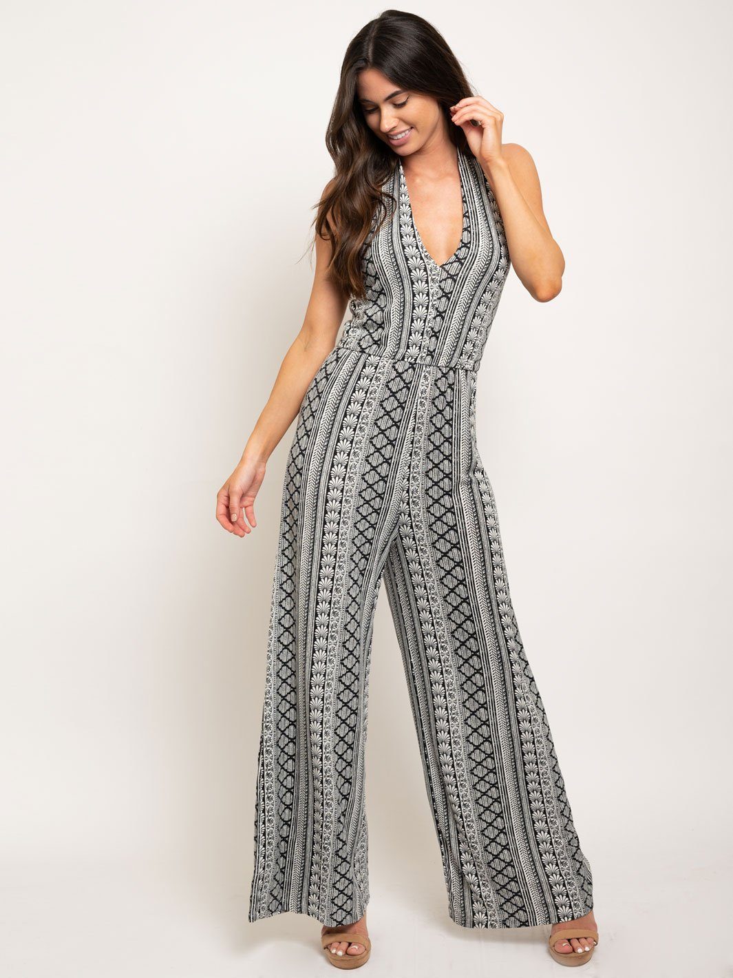 WOMEN'S V-NECK MULTI PRINT JUMPSUIT