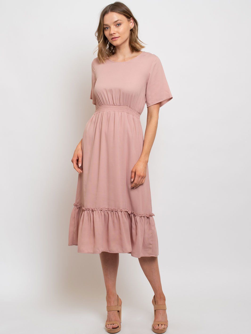 WOMEN'S SHORT SLEEVE RUFFLE BOTTOM MIDI DRESS