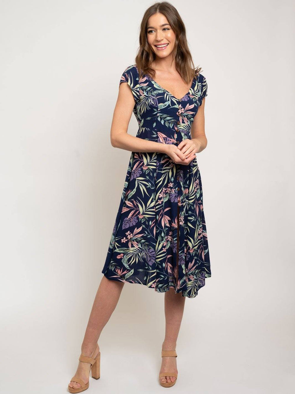 WOMEN'S NAVY FLORAL BUTTON UP DRESS