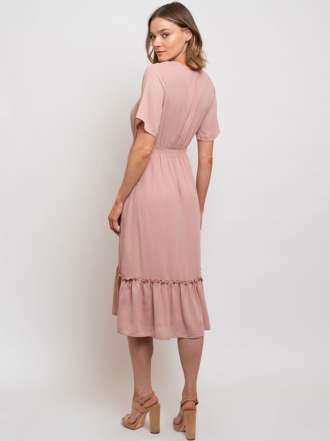 WOMEN'S SHORT SLEEVE RUFFLE BOTTOM MIDI DRESS