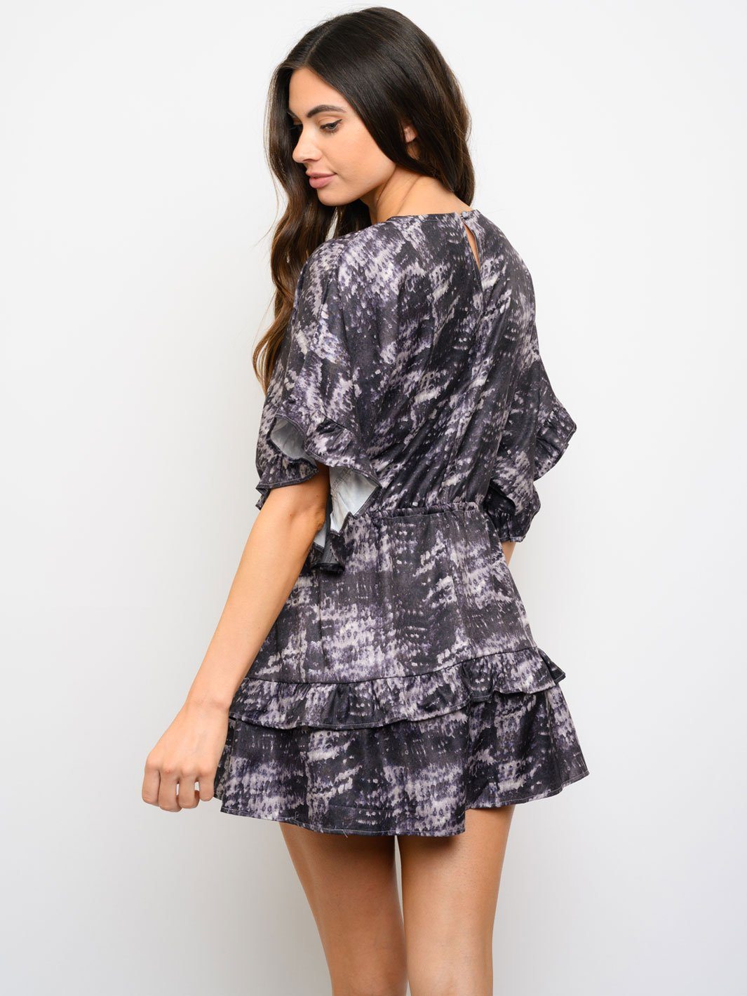 WOMEN'S RUFFLE TIE DYE V-NECK ROMPER