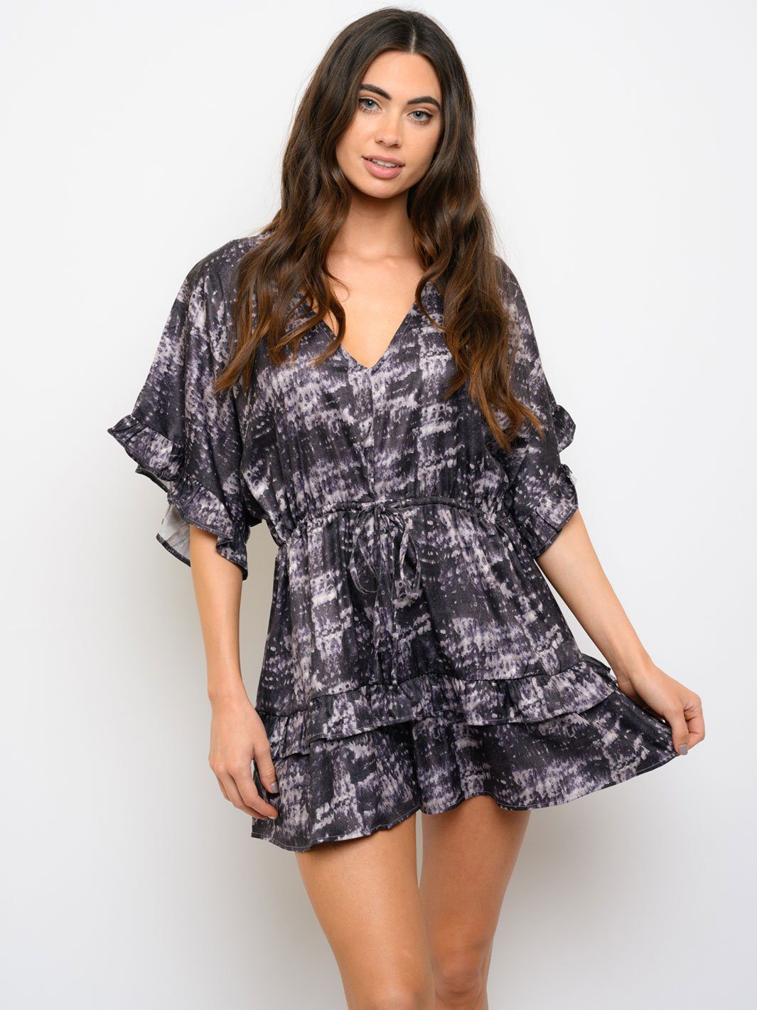 WOMEN'S RUFFLE TIE DYE V-NECK ROMPER