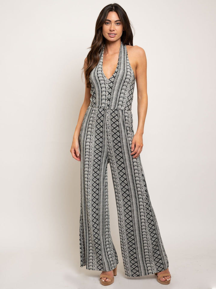 WOMEN'S V-NECK MULTI PRINT JUMPSUIT