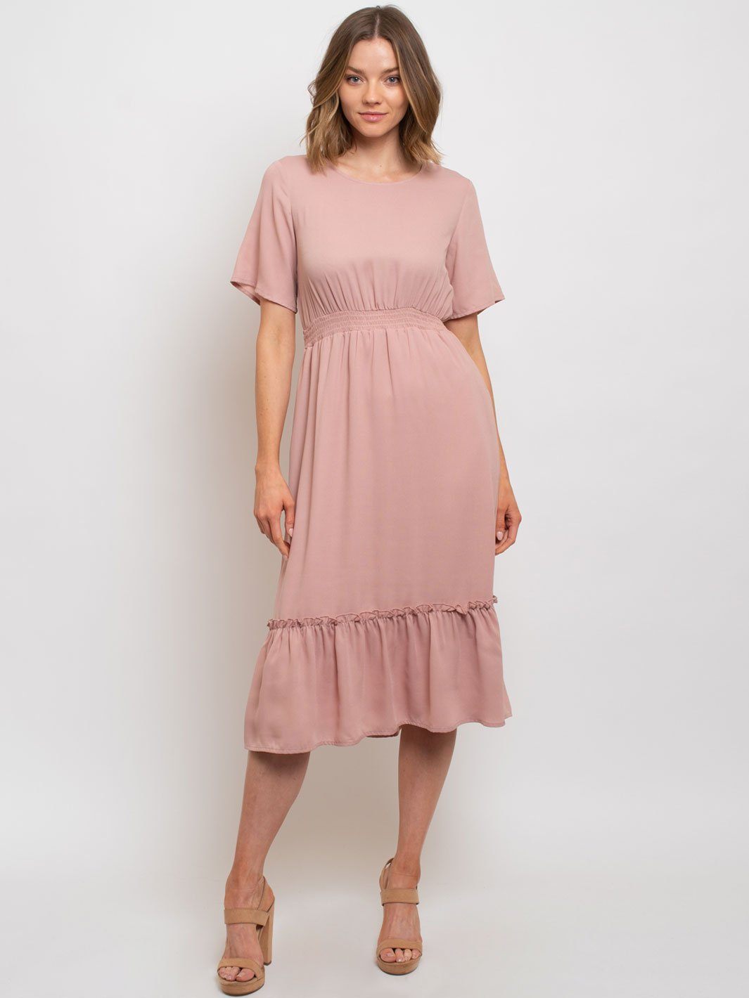 WOMEN'S SHORT SLEEVE RUFFLE BOTTOM MIDI DRESS