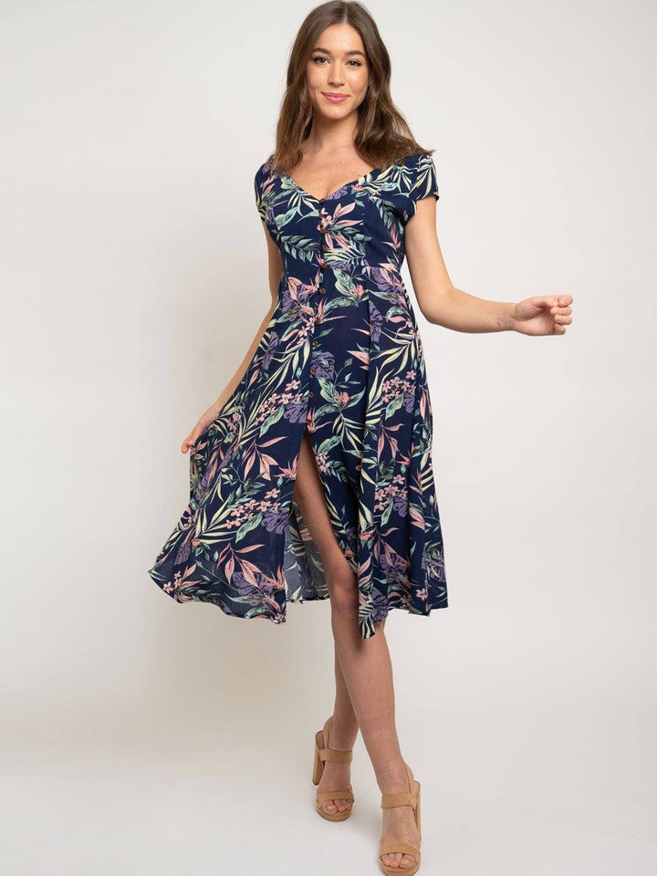 WOMEN'S NAVY FLORAL BUTTON UP DRESS