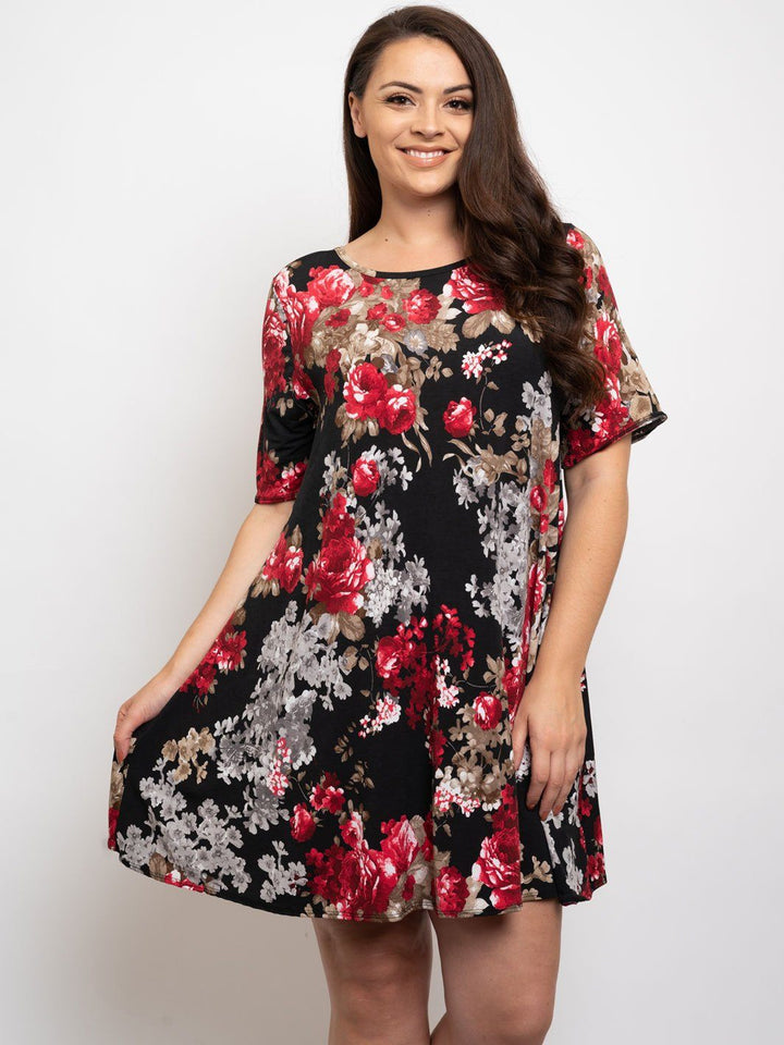 PLUS SIZE FLORAL SHORT SLEEVE TUNIC DRESS