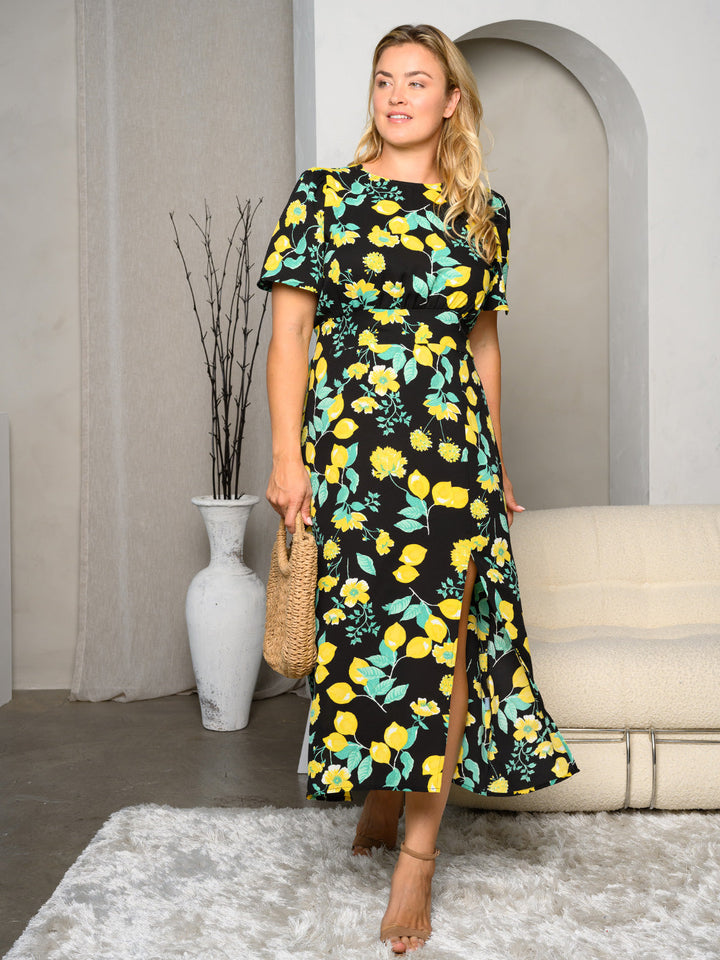PLUS SIZE SHORT SLEEVE FRONT SLIT FLORAL MAXI DRESS