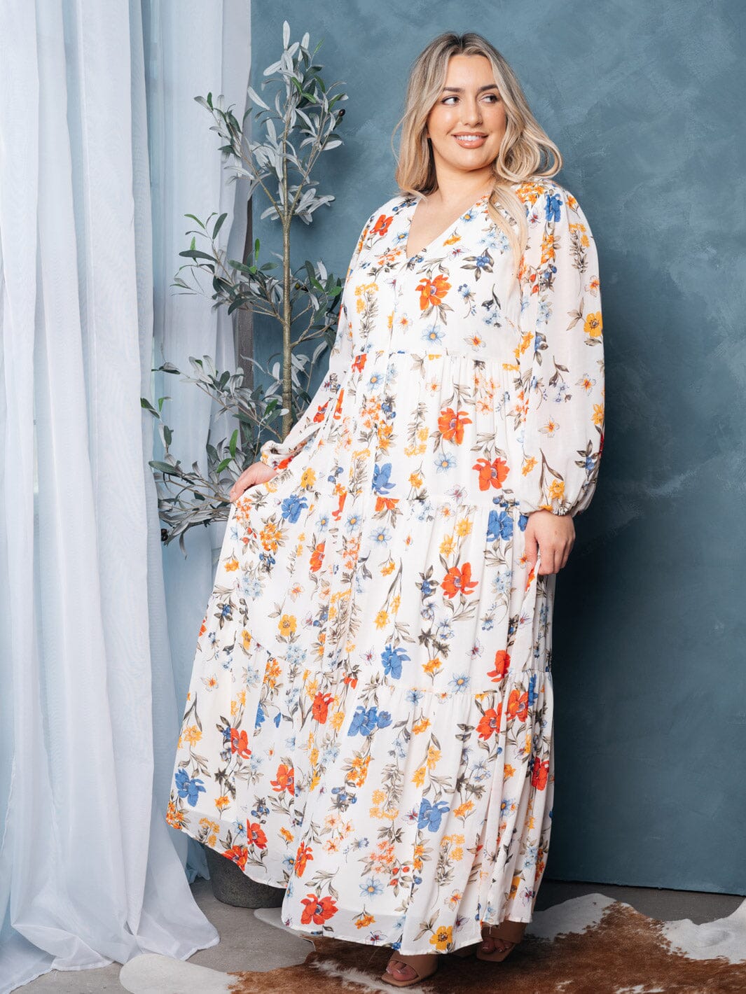 PLUS SIZE LONG SLEEVE BUTTON UP FLORAL MAXI DRESS