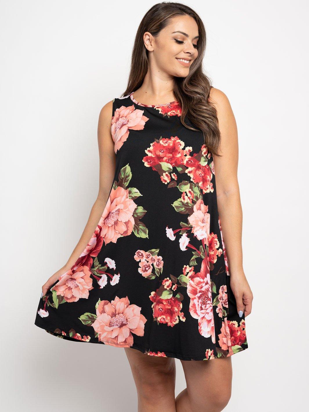 PLUS SIZE BLACK FLORAL TUNIC DRESS