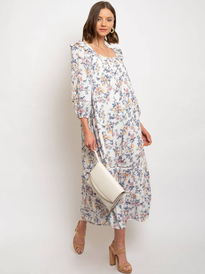 WOMEN'S FLOWER GAUZE SQUARE NECK MAXI DRESS