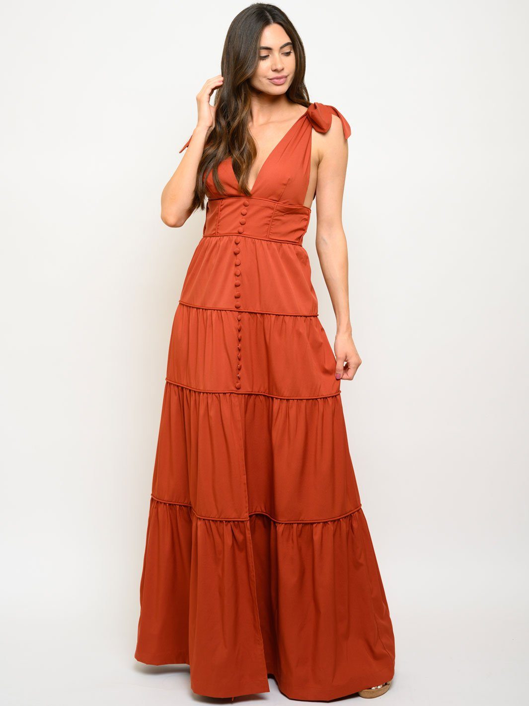 WOMEN'S TIERED PIPING MAXI DRESS