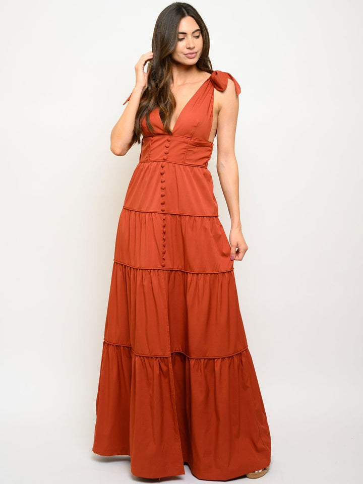 WOMEN'S TIERED PIPING MAXI DRESS