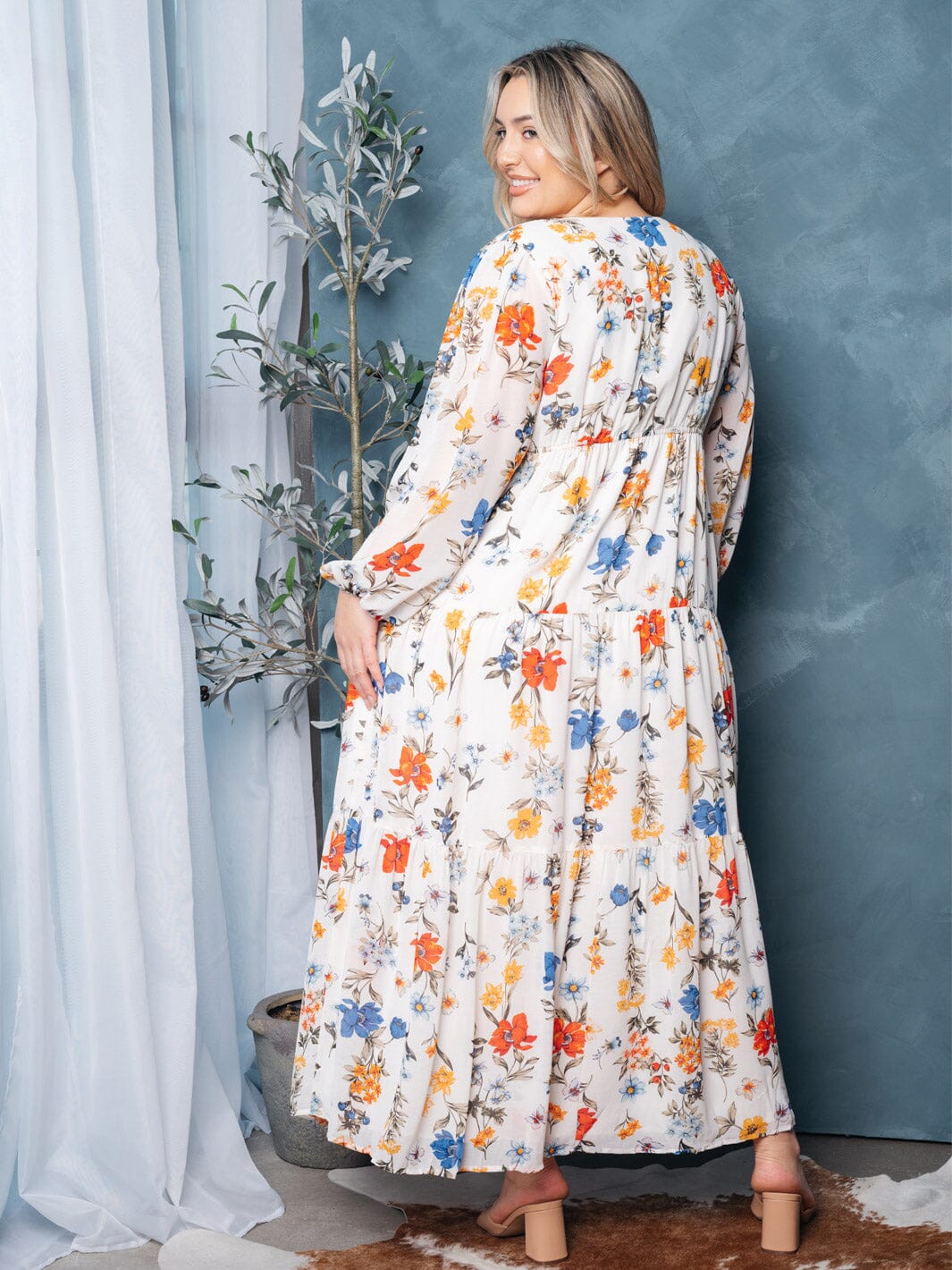 PLUS SIZE LONG SLEEVE BUTTON UP FLORAL MAXI DRESS