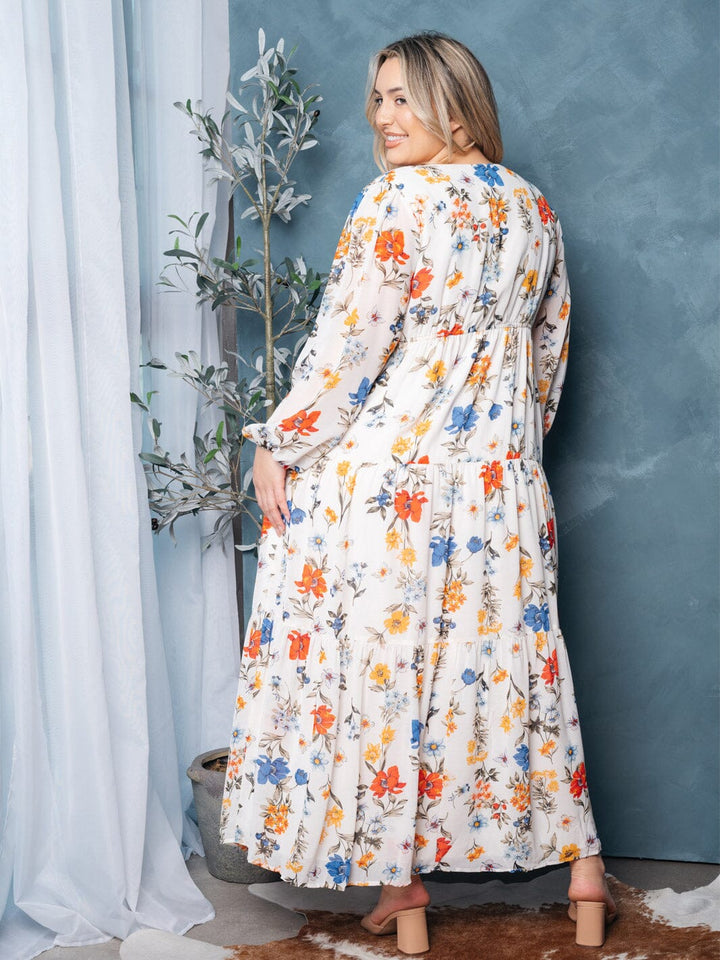 PLUS SIZE LONG SLEEVE BUTTON UP FLORAL MAXI DRESS