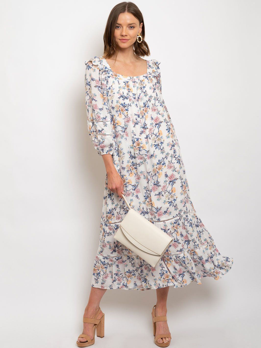 WOMEN'S FLOWER GAUZE SQUARE NECK MAXI DRESS