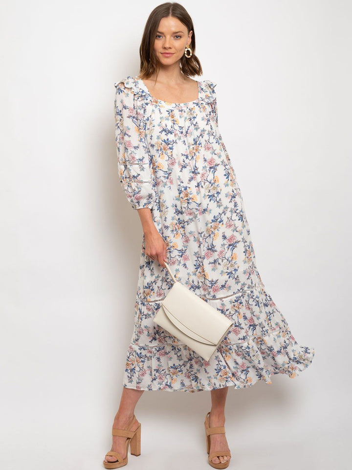 WOMEN'S FLOWER GAUZE SQUARE NECK MAXI DRESS