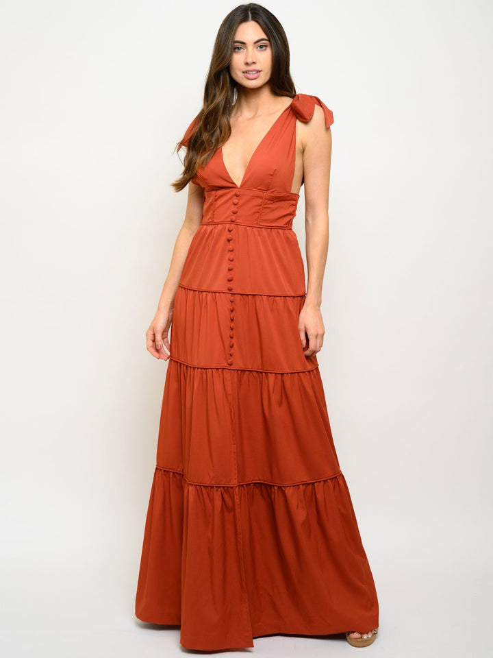 WOMEN'S TIERED PIPING MAXI DRESS