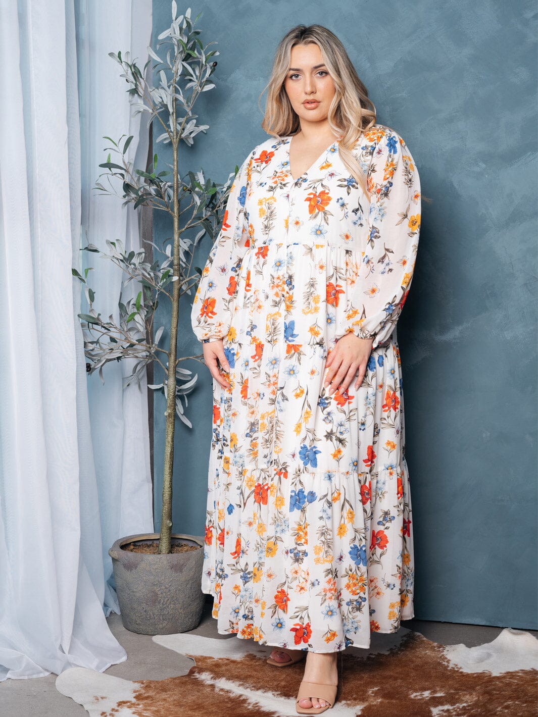 PLUS SIZE LONG SLEEVE BUTTON UP FLORAL MAXI DRESS