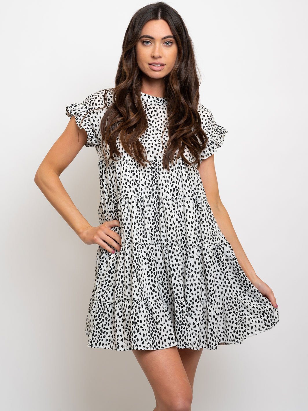WOMEN'S PRINTED BABY-DOLL RUFFLE SLEEVE MINI DRESS