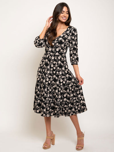 WOMEN'S ELBOW SLEEVE TIERED FLORAL MIDI DRESS