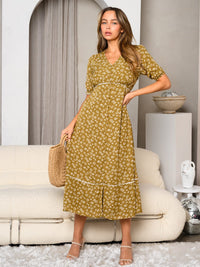 WOMEN'S SHORT PUFF SLEEVE FLORAL V-NECK MAXI DRESS