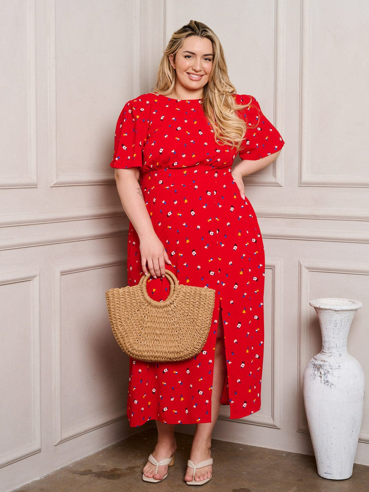 PLUS SIZE SHORT SLEEVE SMOCK WAIST FLORAL MIDI DRESS