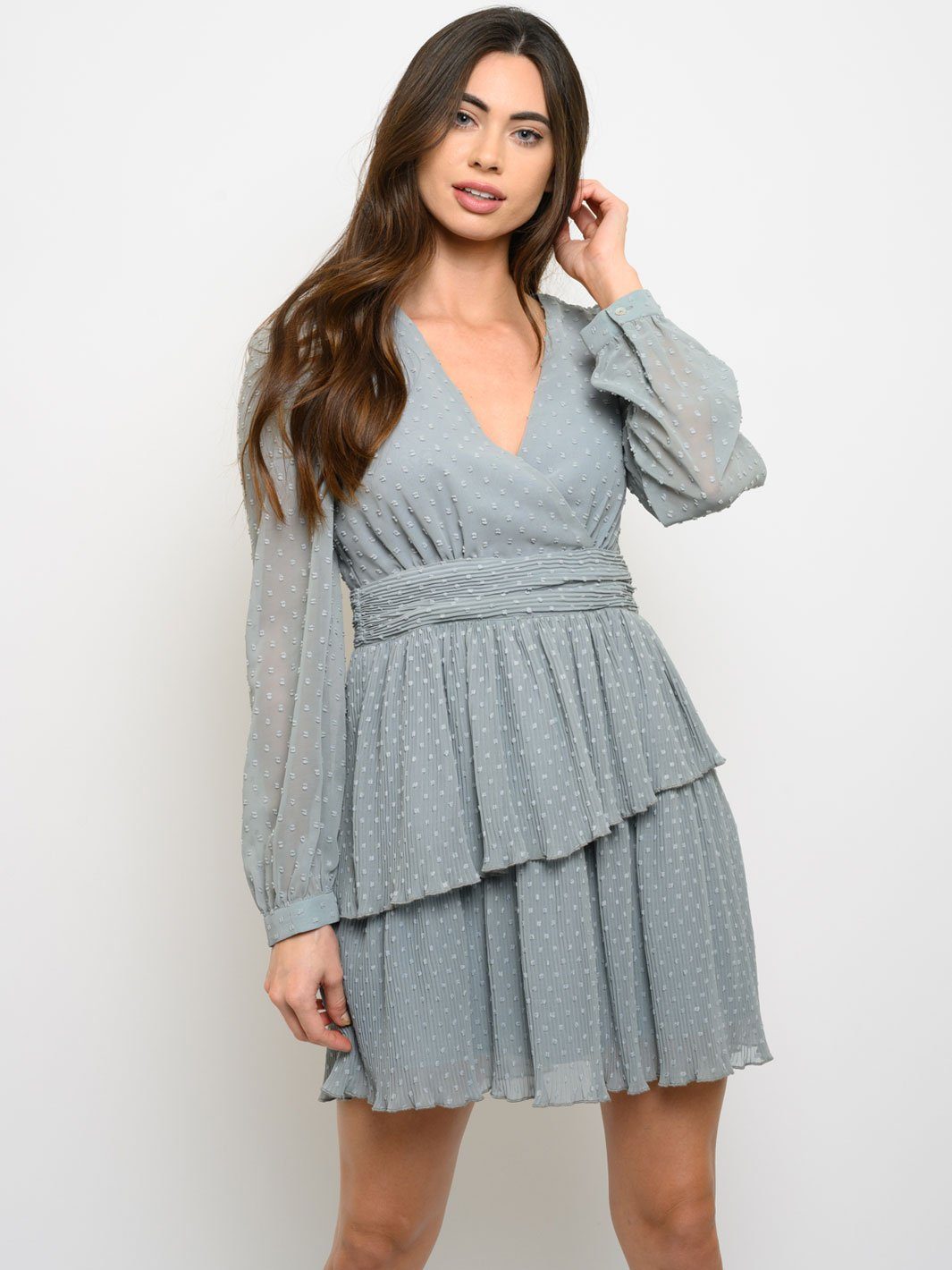 WOMEN'S SWISS DOT CHIFFON PLEATEDSURPLICE MINI DRESS