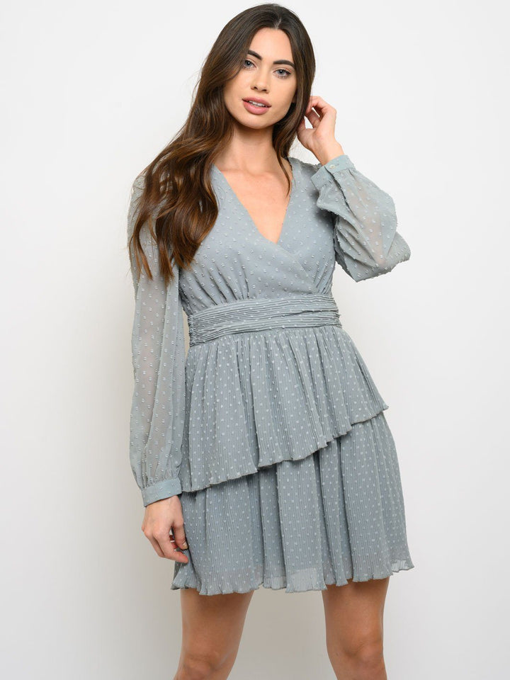 WOMEN'S SWISS DOT CHIFFON PLEATEDSURPLICE MINI DRESS