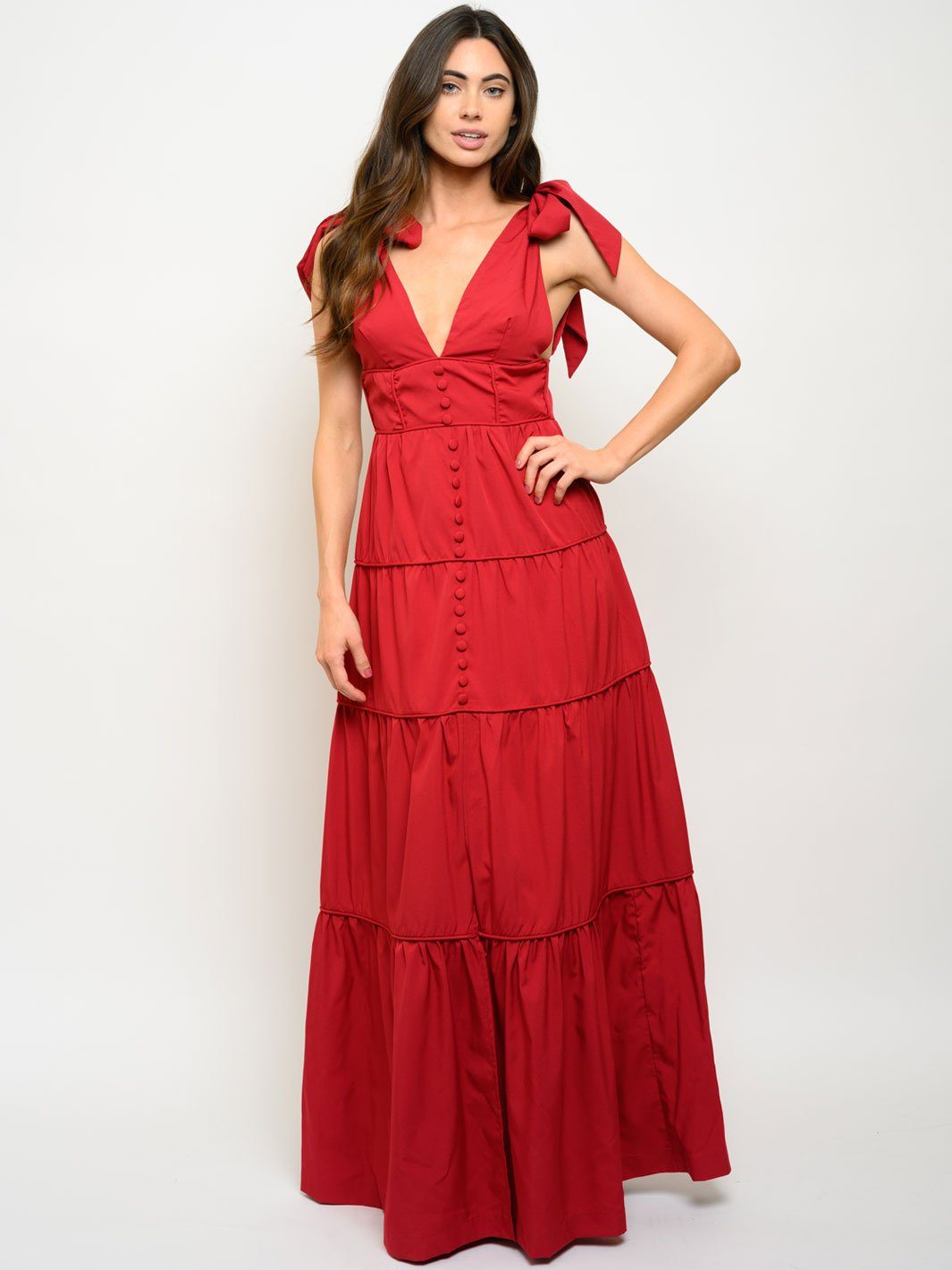 WOMEN'S TIERED PIPING MAXI DRESS