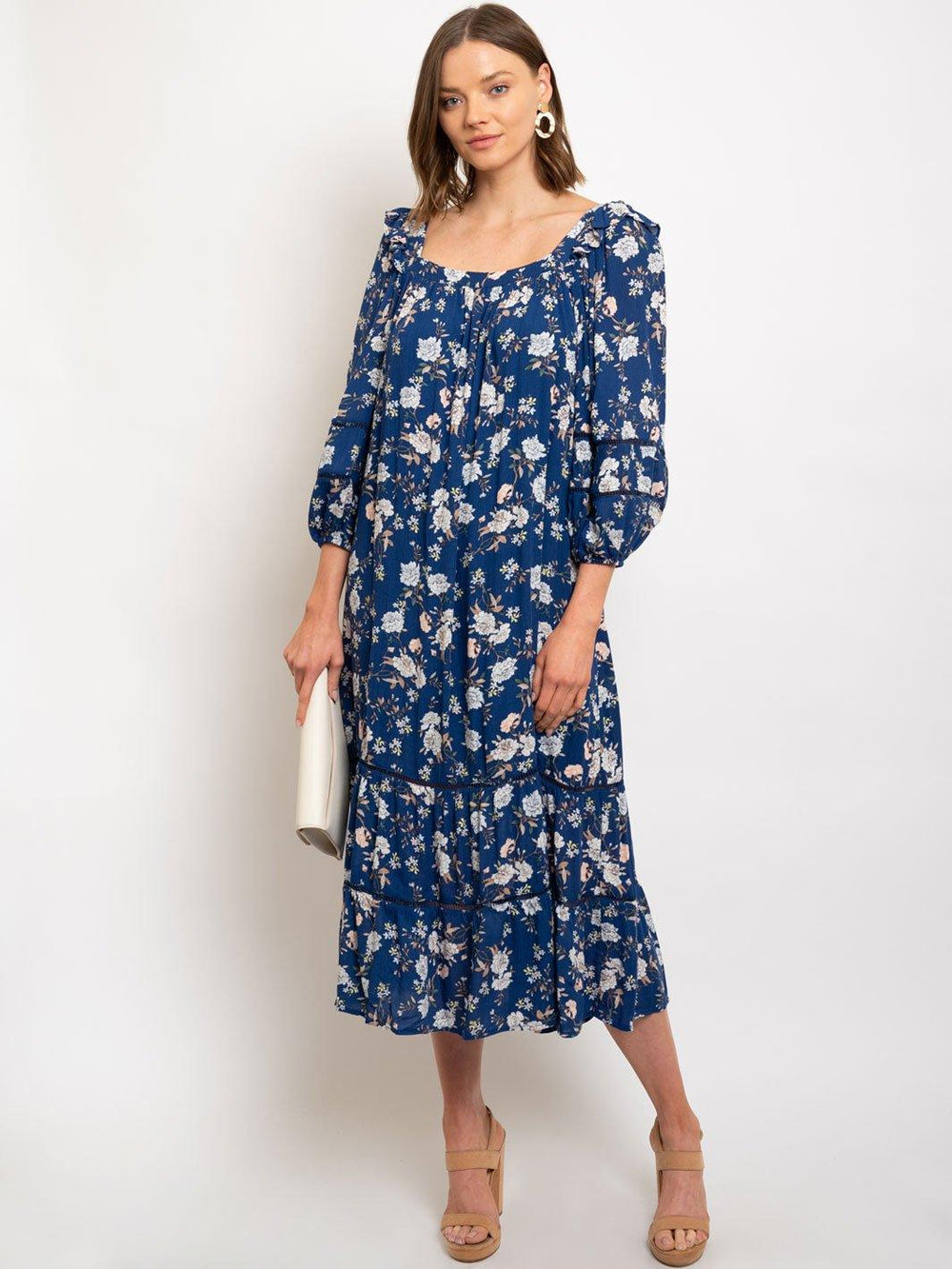 WOMEN'S FLOWER GAUZE SQUARE NECK MAXI DRESS