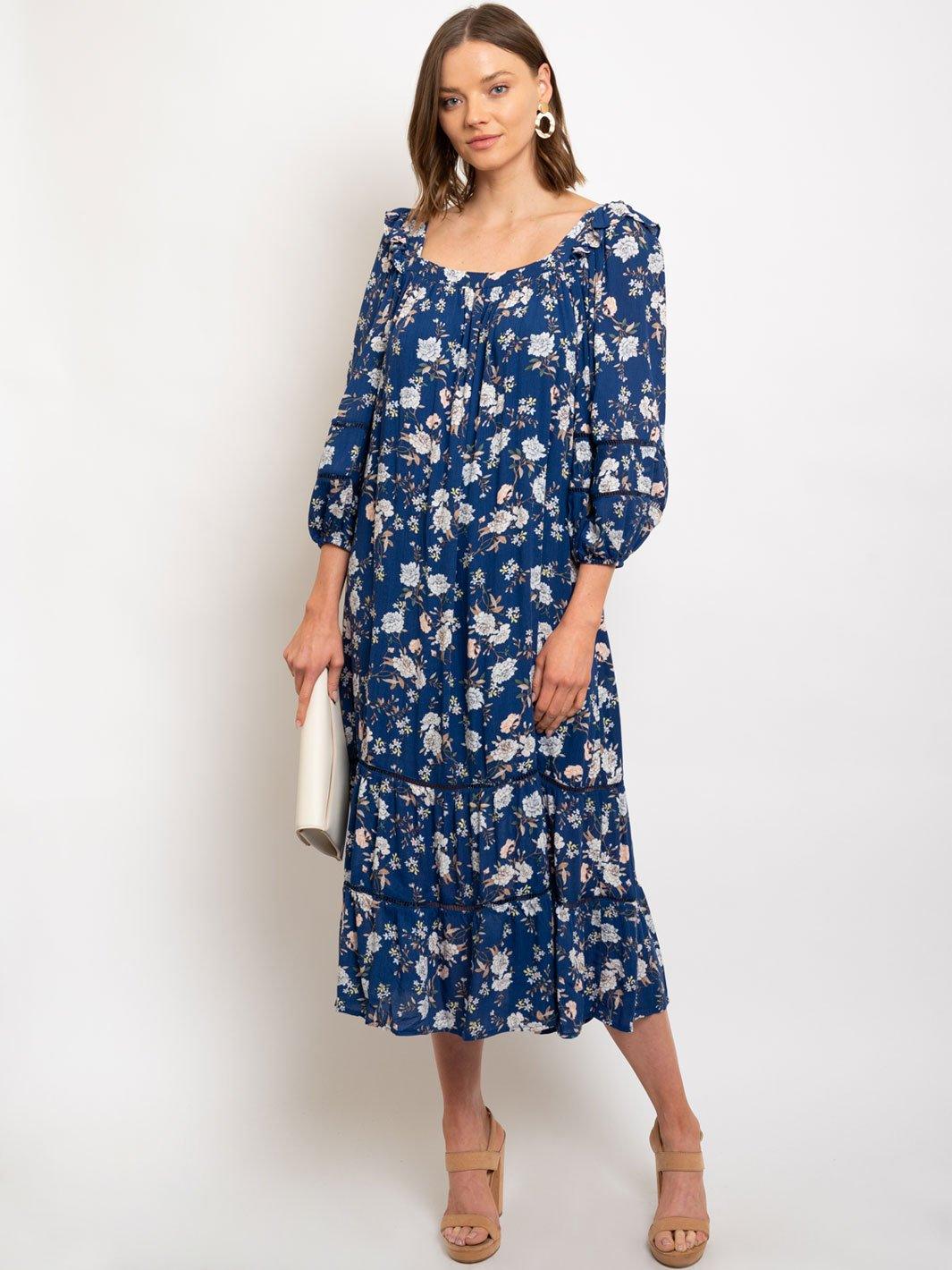 WOMEN'S FLOWER GAUZE SQUARE NECK MAXI DRESS