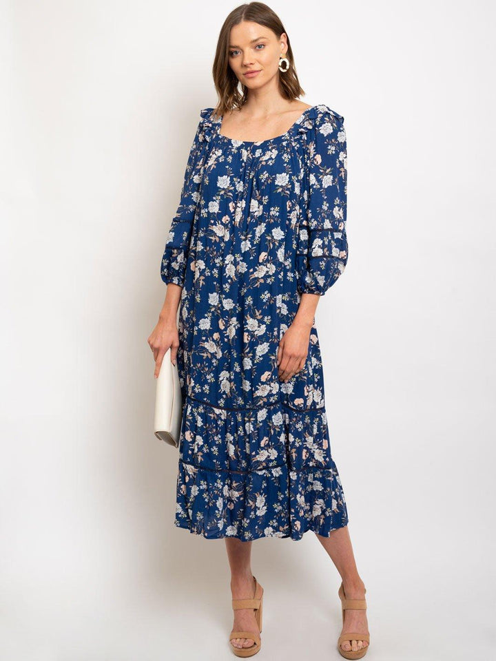 WOMEN'S FLOWER GAUZE SQUARE NECK MAXI DRESS