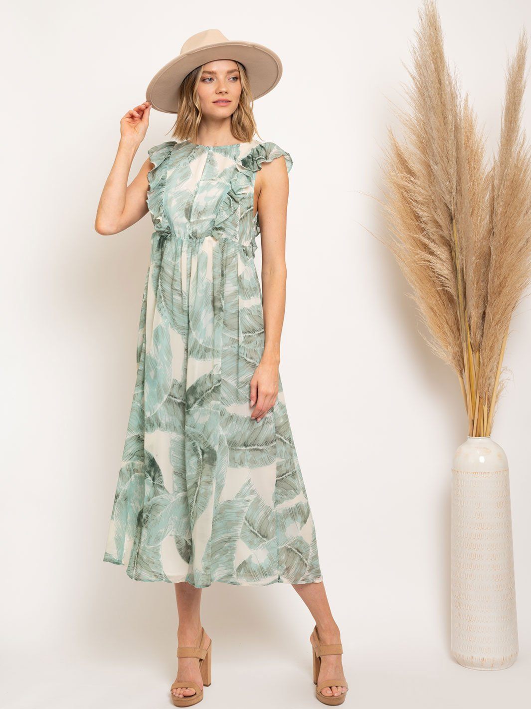 WOMEN'S OPEN BACK LEAF PRINT JUMPSUIT