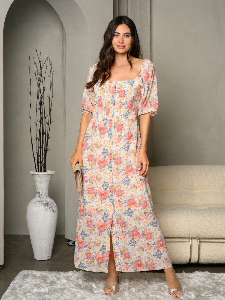 WOMEN'S 3/4 SLEEVE BUTTON DOWN MAXI DRESS