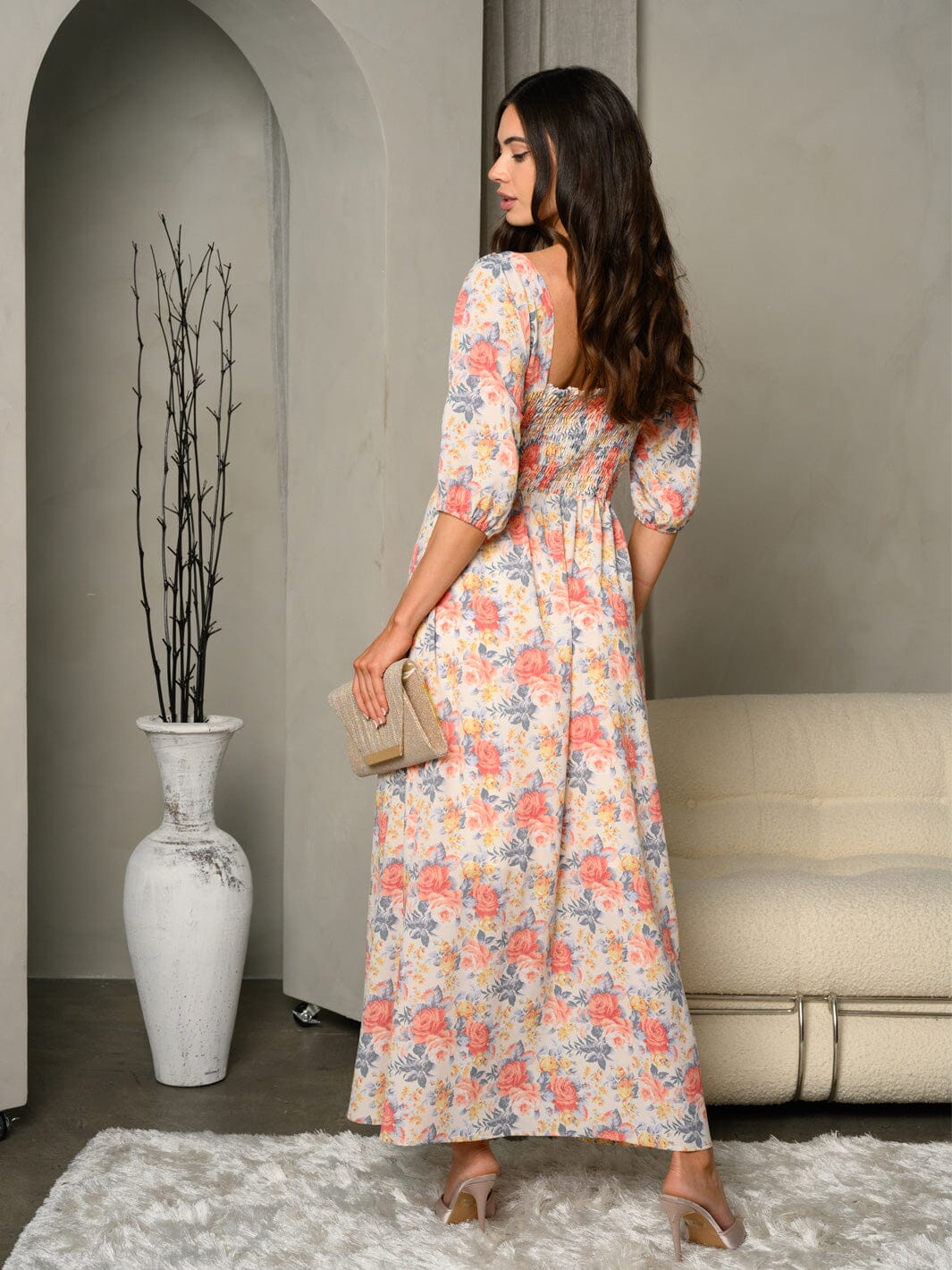 WOMEN'S 3/4 SLEEVE BUTTON DOWN MAXI DRESS
