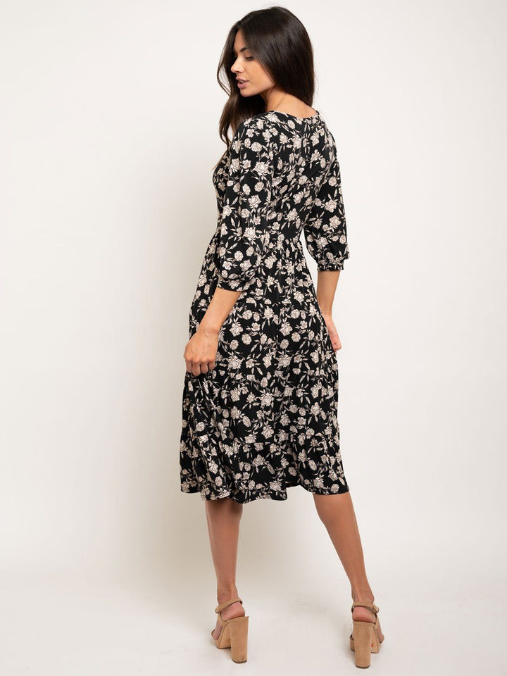 WOMEN'S ELBOW SLEEVE TIERED FLORAL MIDI DRESS