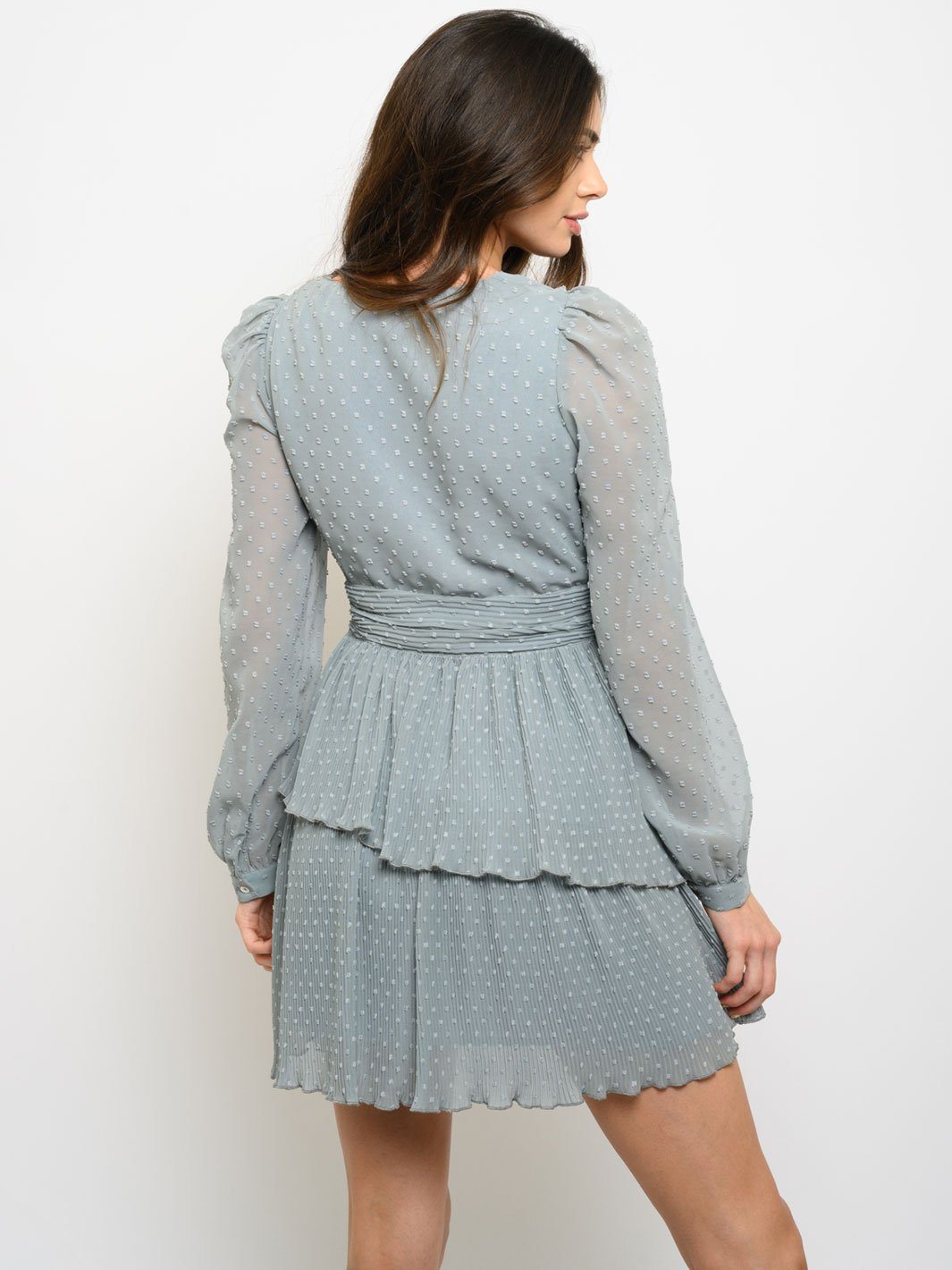 WOMEN'S SWISS DOT CHIFFON PLEATEDSURPLICE MINI DRESS