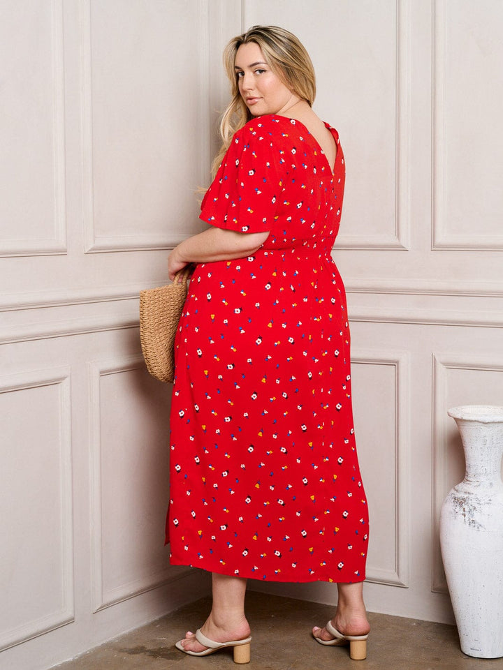 PLUS SIZE SHORT SLEEVE SMOCK WAIST FLORAL MIDI DRESS