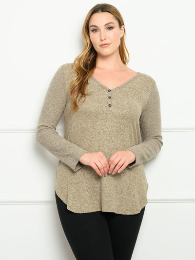 PLUS SIZE BUTTON V-NECK LONG SLEEVE TOP