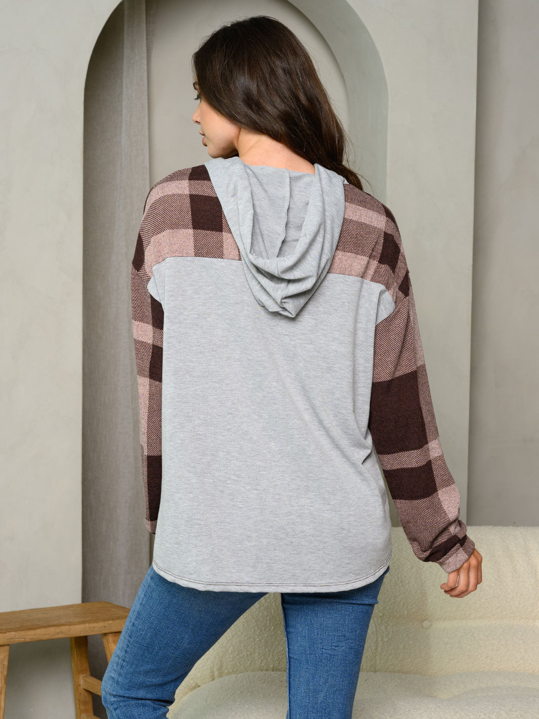 WOMEN'S LONG SLEEVE BUTTON UP PLAID HOODIE TOP