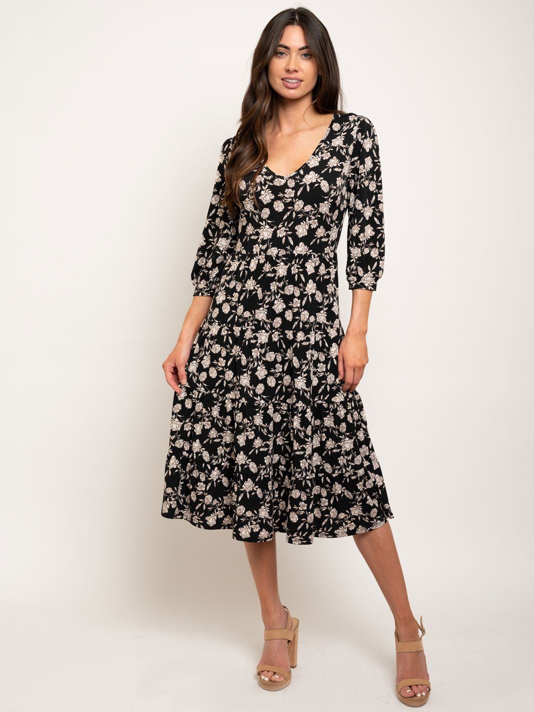 WOMEN'S ELBOW SLEEVE TIERED FLORAL MIDI DRESS