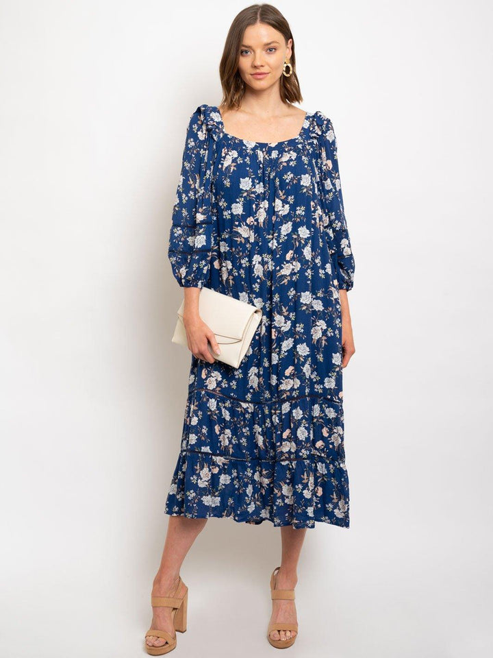 WOMEN'S FLOWER GAUZE SQUARE NECK MAXI DRESS